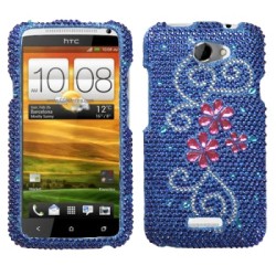 Case Protector HTC One X Blue Little Shiny stones Flowers